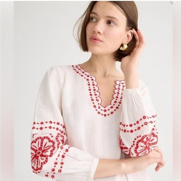 J. Crew Tops - J.Crew Bungalow Embroidered Linen Blouse in Red and White with embroidery Size M